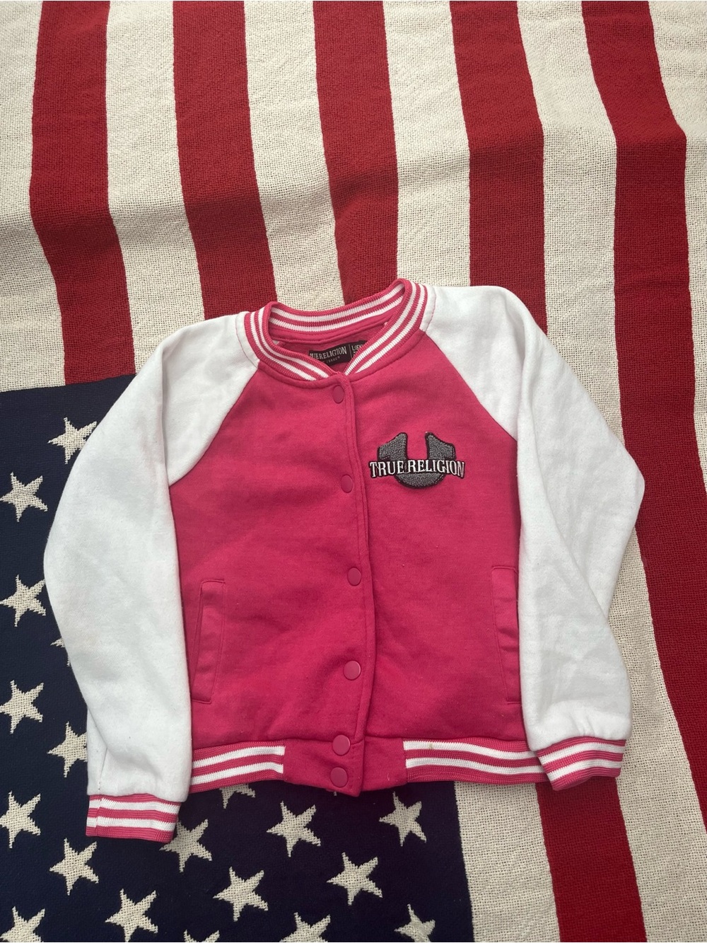 True Religion Pink and White Raglan Snap-Front Jacket Girls Size 6X